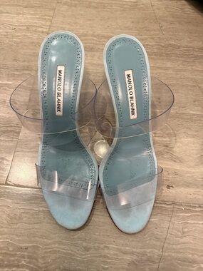 Manolo Blahnik Light Blue PVC-Strap Slide Mules